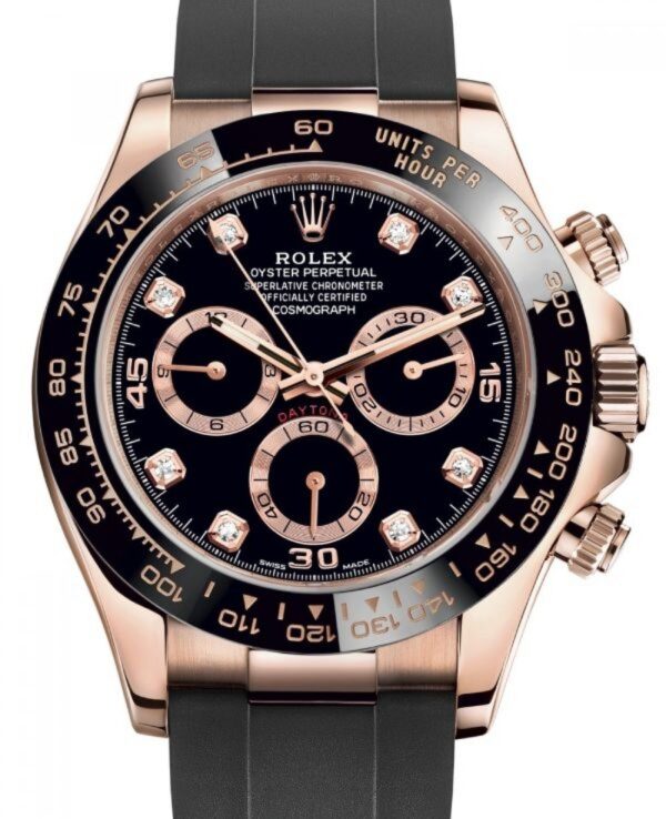 Daytona Chronograph Rose gold Diamond Black Dial Strap Swiss Made - Code: SW175